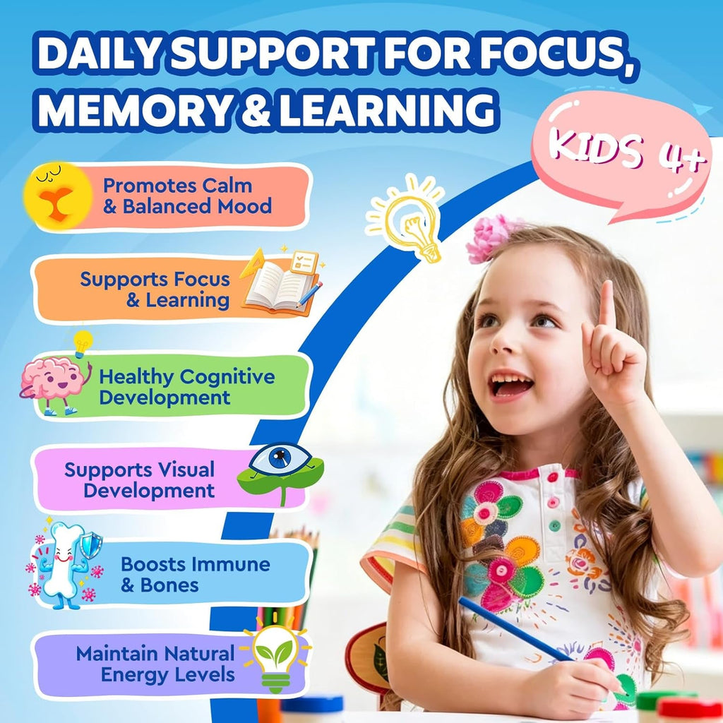 Kids Focus and Attention Supplements with Phosphatidylserine, Omega-3, Magnesium Glycinate & L-Theanine, Brain Vitamins Liquid Drops for Kids Memory, Cognitive, Sleep, Calm & Mood, Strawberry, 2 Fl Oz