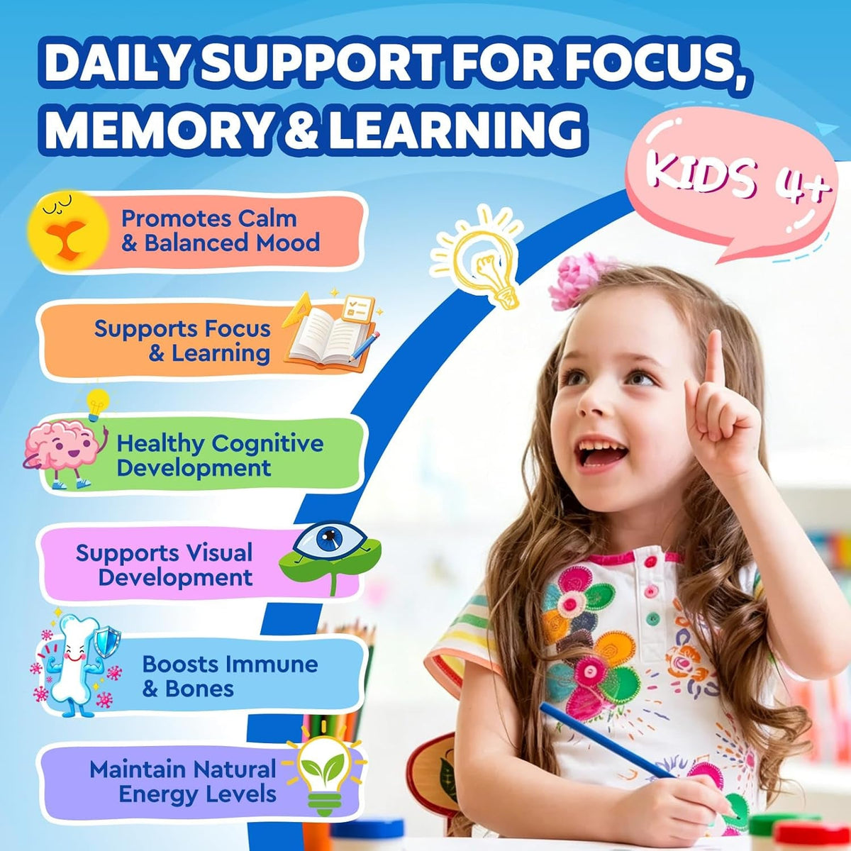 Kids Focus and Attention Supplements with Phosphatidylserine, Omega-3, Magnesium Glycinate & L-Theanine, Brain Vitamins Liquid Drops for Kids Memory, Cognitive, Sleep, Calm & Mood, Strawberry, 2 Fl Oz