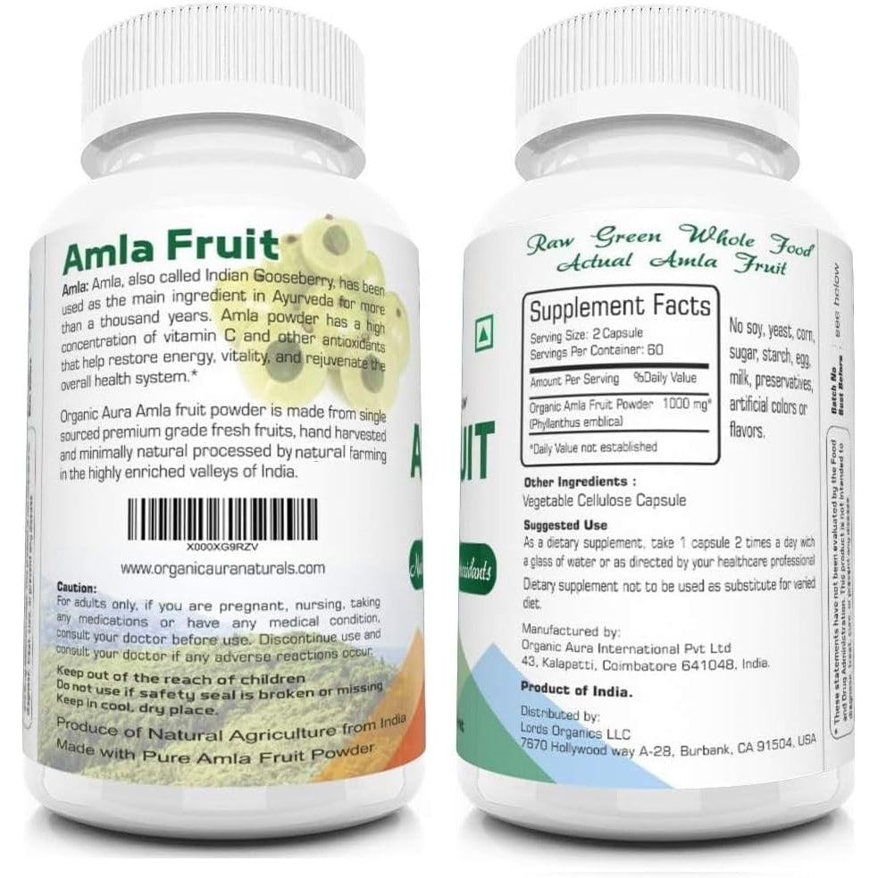AMLA Capsules. 1000Mg per Serving, 120 Veg Capsules. Raw Green Whole Superfood. All Natural, Fresh and Original. No GMO and Gluten Free.