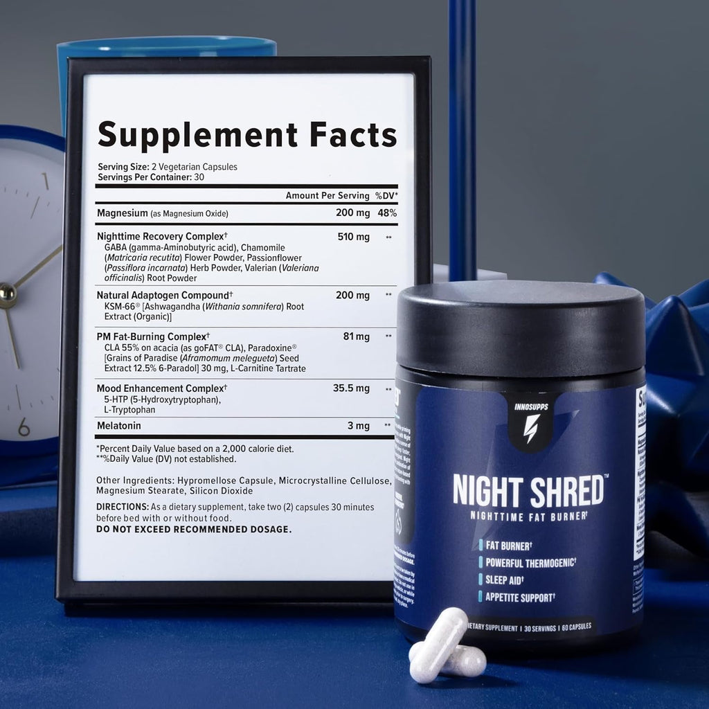 Innosupps Night Shred - Night Time Fat Burner, Weight Loss, and Natural Sleep Support Ashwagandha, 5-HTP, CLA, Melatonin Appetite Suppressant Fat Burning 60 Vegetarian Capsule / 30 Day Supply