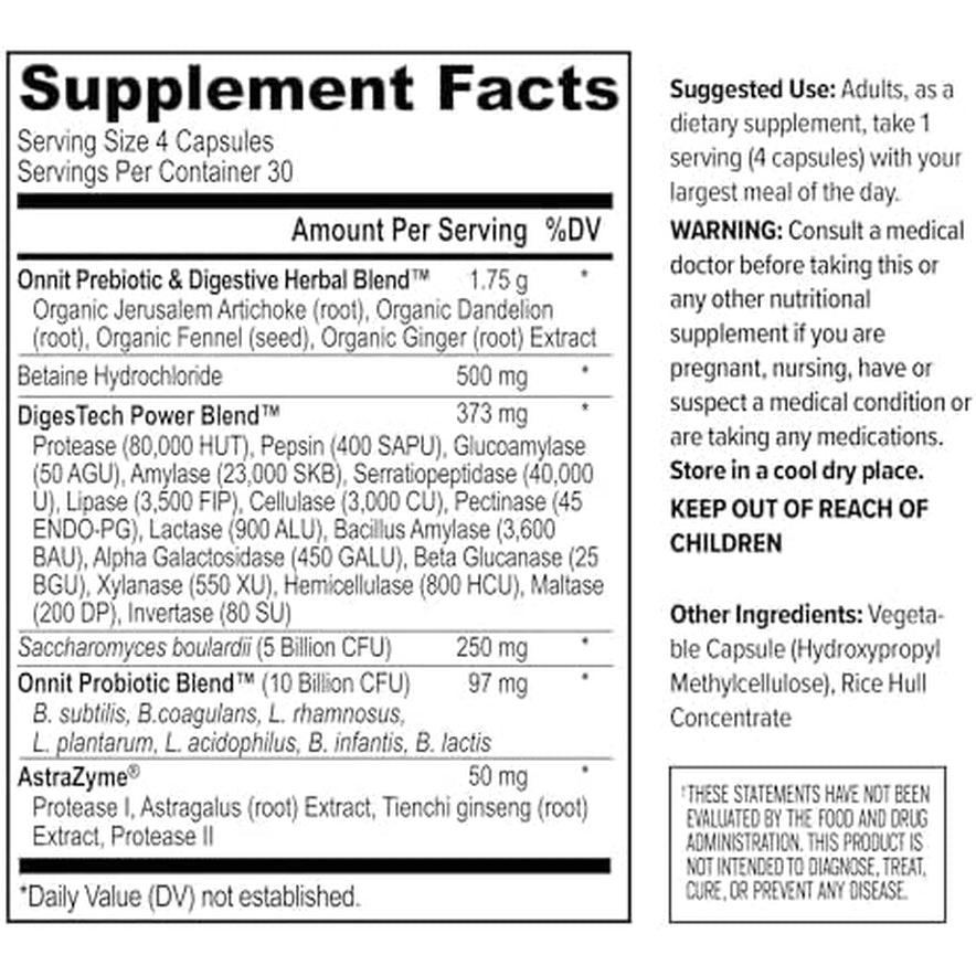 ONNIT Total Gut Health Daily Digestive Support, IGEN Non-Gmo Tested Digestion Supplement for Women and Men with 7 Strains of Probiotics, Prebiotics, Enzymes and Betaine HCL, 120 Count