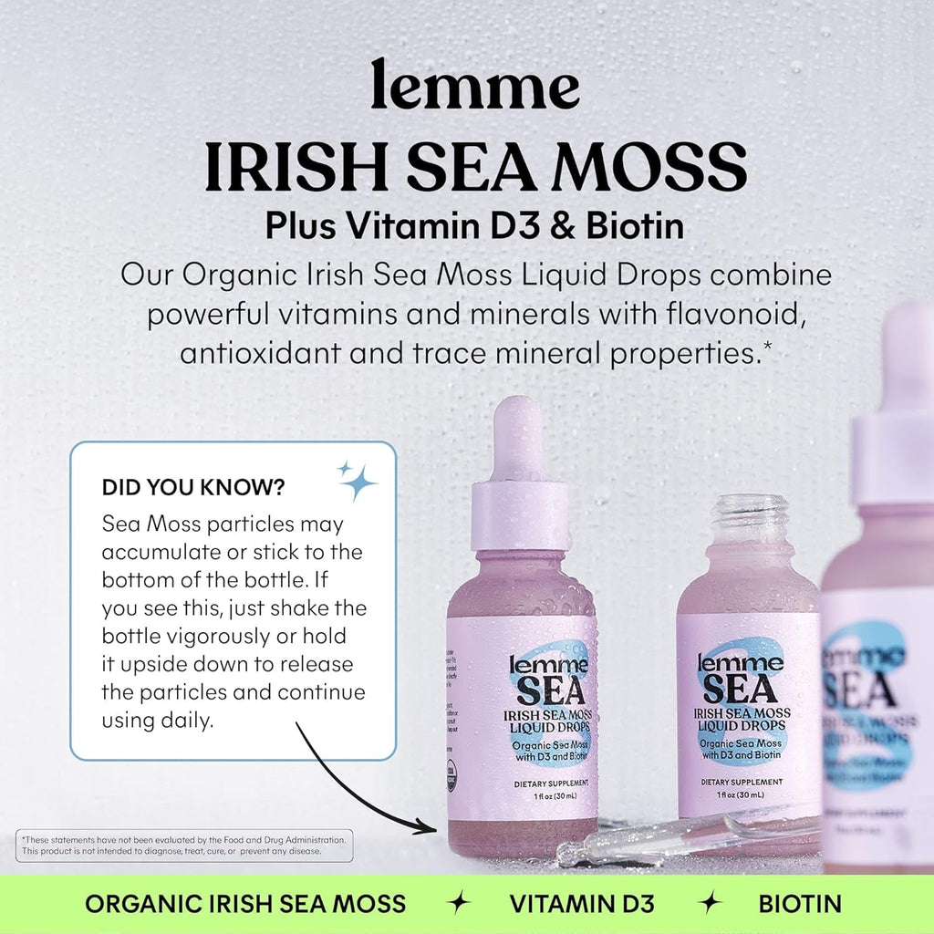 Lemme Irish Sea Moss Organic Liquid Drops with Vitamin D3 & Biotin, Thyroid, Immunity, Hair Skin & Nails & Brain Health Support, Trace Minerals, Sugar Free, 1 Oz, 30-Day Supply