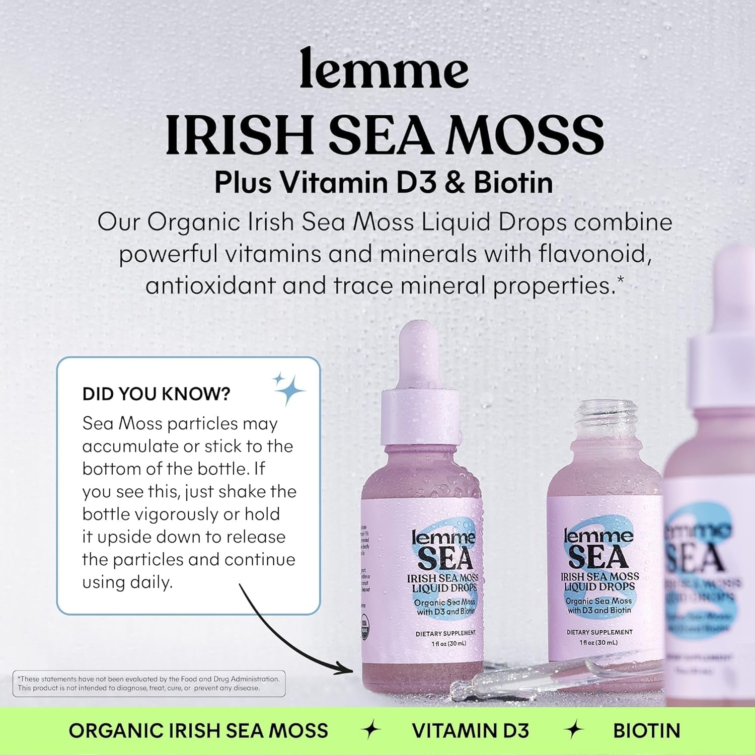 Lemme Irish Sea Moss Organic Liquid Drops with Vitamin D3 & Biotin, Thyroid, Immunity, Hair Skin & Nails & Brain Health Support, Trace Minerals, Sugar Free, 1 Oz, 30-Day Supply