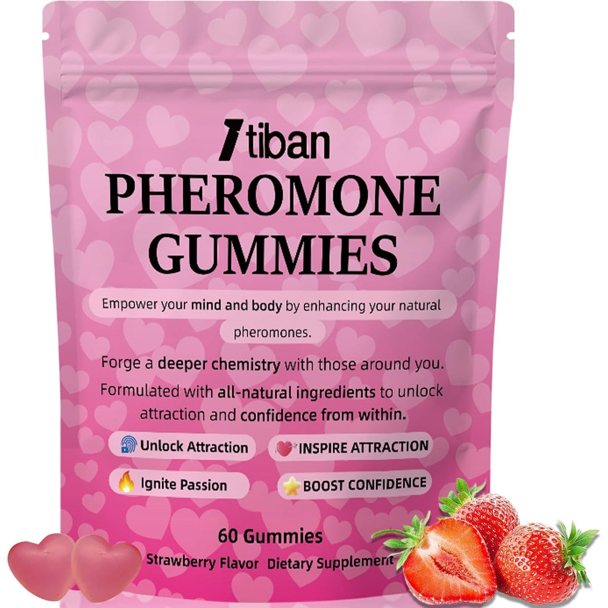 Pheromone Gummies for Her, Women Slippery Elm, Enhance Charm, Supports Balance, Confidence & Social Vibe, Vegan, Non-Gmo, Gluten-Free, Strawberry Flavor, 60 Gummies