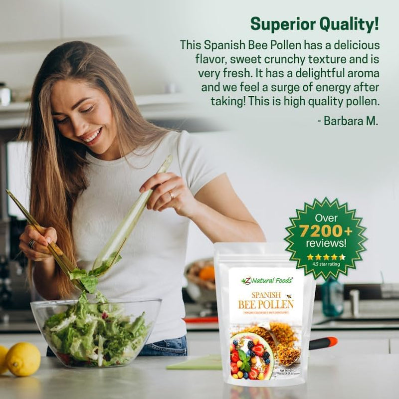 Z Natural Foods Spanish Bee Pollen Granules - Pure & Raw Pollen Granule, Product of Spain - Nutrient-Dense for Energy & Immune Support - Aromatic Sweet Flavor, Sprinkle on Salads & Smoothies, 1Lb