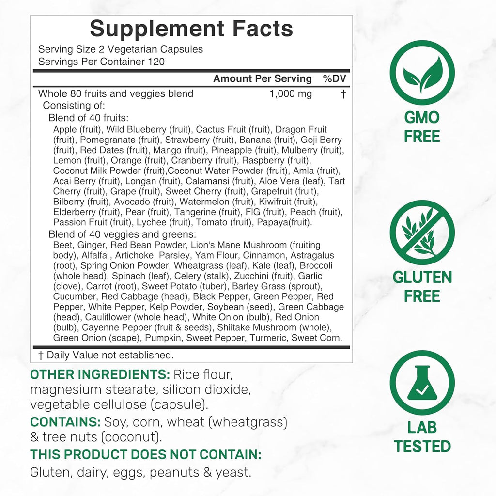Nature’S Fruits & Veggies Supplement, 240 Veggie Capsules – 80 Whole Food Superfoods for Daily Balance – 40 Fruits with 40 Vegetables and Greens – Non-Gmo, Gluten Free