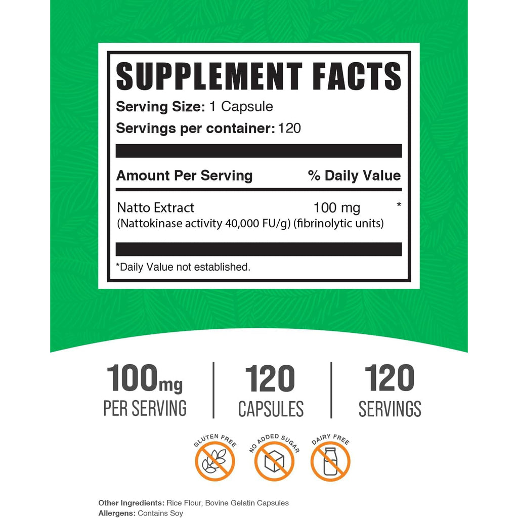 Bulksupplements.Com Nattokinase 4000 FU Capsules - Nattokinase Supplement, Sourced from Natto Extract, Nattokinase 100Mg - Gluten Free, 1 Capsule per Serving, 120 Capsules (Pack of 1)