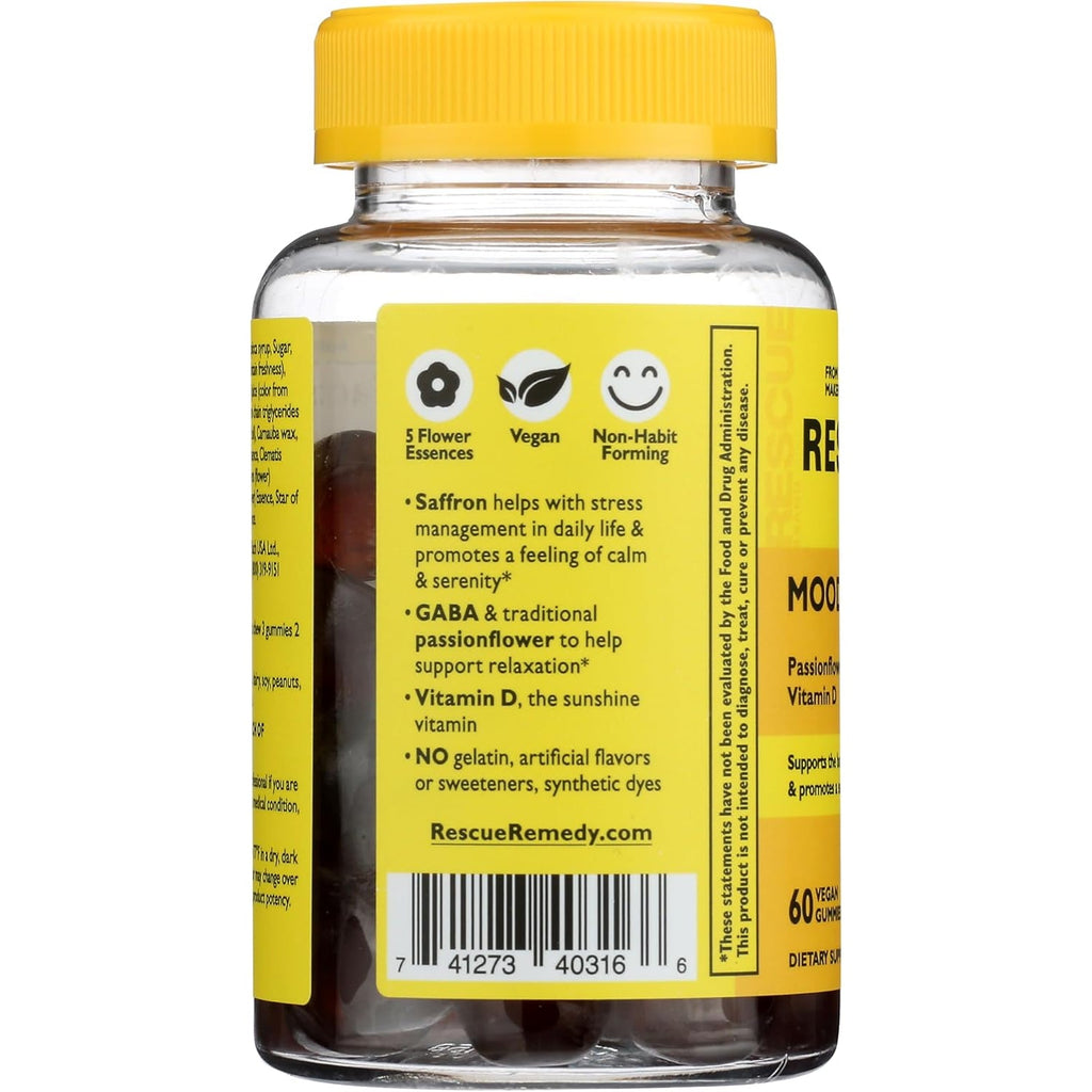 Bach Rescue plus Mood & Stress Support Gummies, Daytime Dietary Supplement with Passionflower, GABA, Saffron & Vitamin D, Natural Orange Flavor, Vegan & Gluten-Free, 60 Count