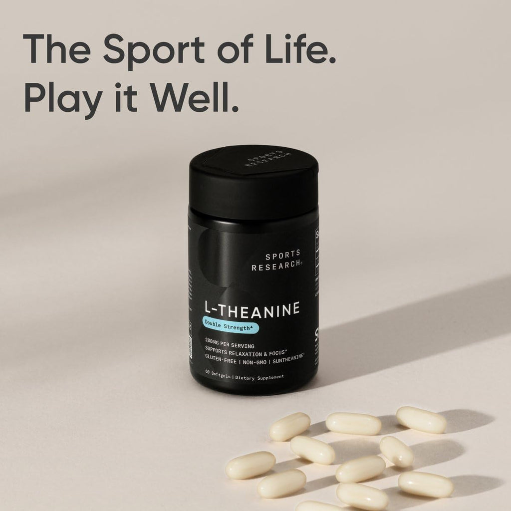 Sports Research Double Strength L-Theanine Supplement - Suntheanine Softgels for Focus, Relaxation & Alertness - Non-Drowsy Support Made with Coconut Oil, Non-Gmo & Gluten Free - 200Mg, 60 Count