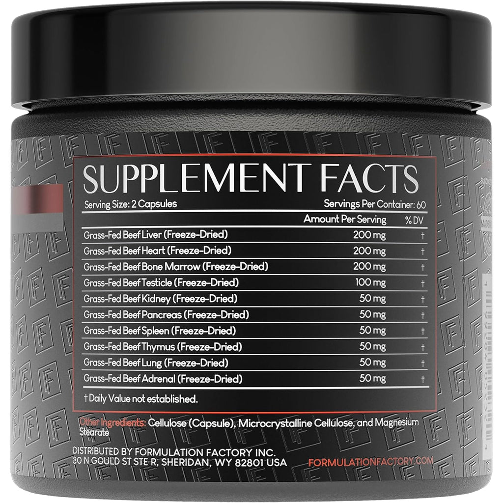 Formulation Factory Primal Power 10-In-1 Grass-Fed Beef Organ Complex with Liver, Heart, Bone Marrow, Orchic, Kidney, Spleen, Pancreas, Adrenals, Thymus & Brain - 120 Capsules