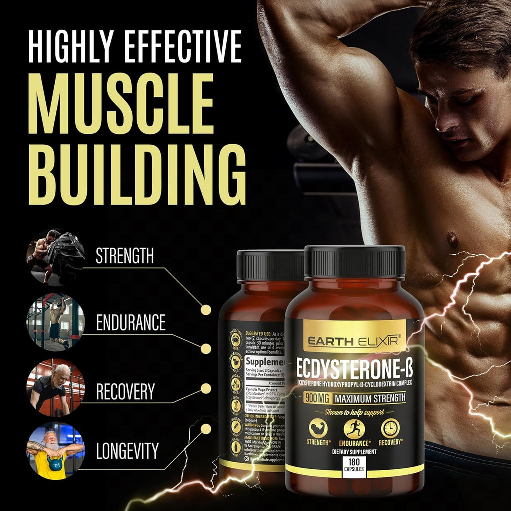 Earth Elixir Ecdysterone Supplements 900Mg (180Capsules) – Made in USA - Muscle Building Supplements for Men W/ 95% Beta Ecdysterone W/Hydroxypropyl-Β-Cyclodextrin for Enhanced Bioavailability