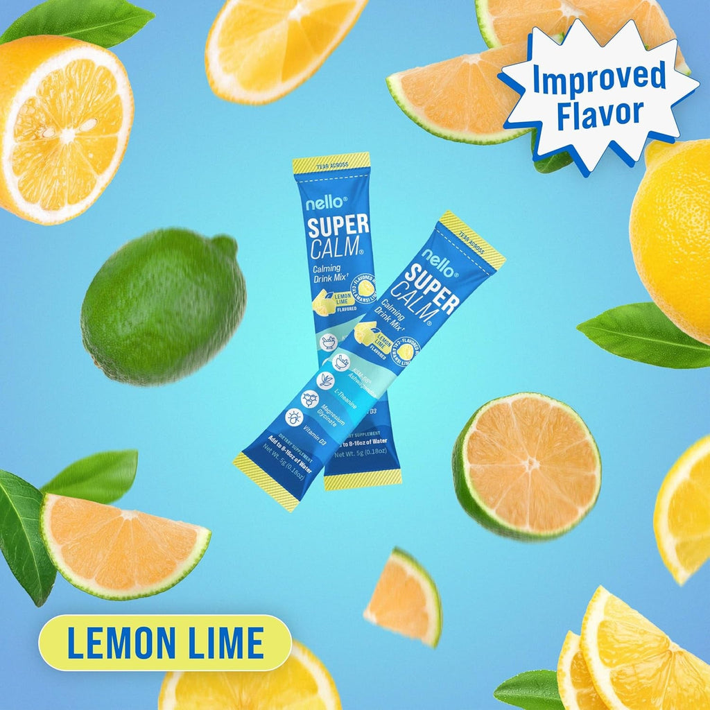 Nello Supercalm Powdered Drink Mix, Cortisol Reducer* and Sleep Aid Supplement, L Theanine, Ksm-66 Ashwagandha, Magnesium Glycinate, Vitamin D 3, No Sugar, Non GMO, on the Go, 20 Ct, Lemon Lime