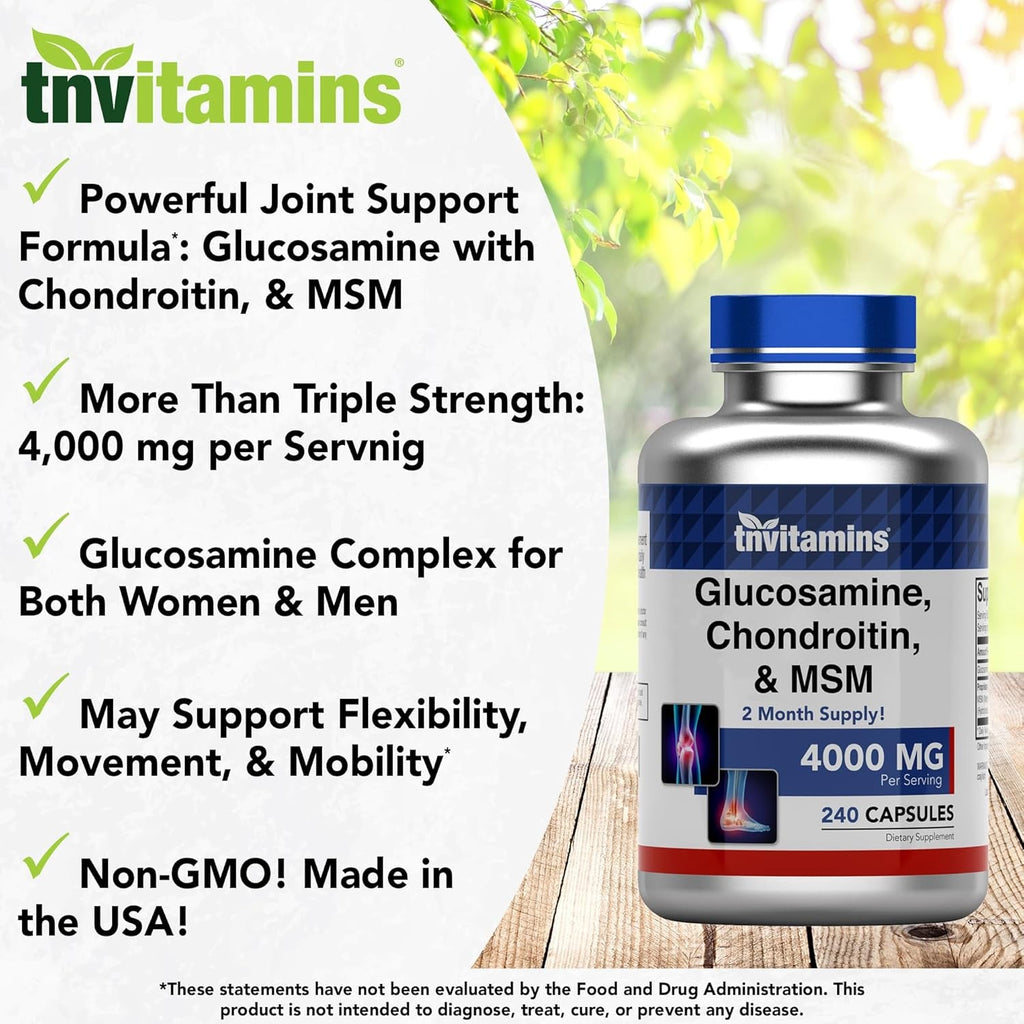 Tnvitamins Glucosamine Chondroitin MSM Capsules, 240 Count | 4,000 Mg per Serving | 2,000 Mg Glucosamine Sulfate 2Kcl + 2,000 Mg MSM & Chondroitin Blend | Joint Support Supplement