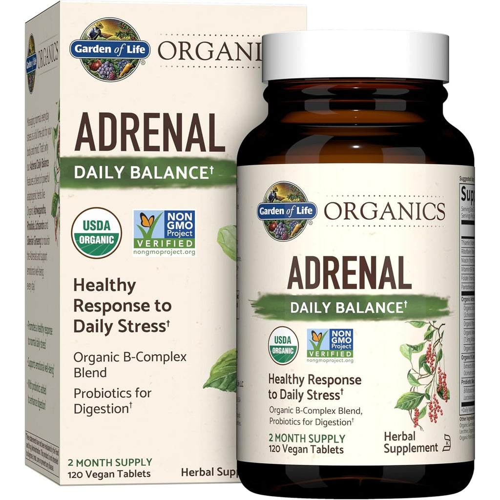 Garden of Life Organics Adrenal Daily Balance, Adaptogenic Herbs Ashwagandha, Holy Basil, B Complex & Probiotics, Organic Non-Gmo, Vegan, Gluten Free Supplement, Two Month Supply, 120 Tablets