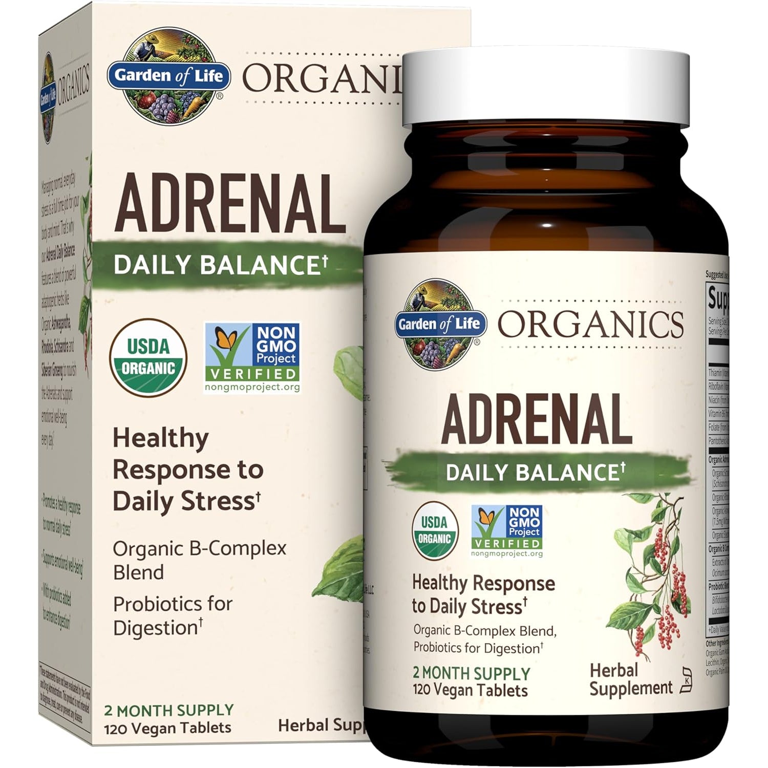 Garden of Life Organics Adrenal Daily Balance, Adaptogenic Herbs Ashwagandha, Holy Basil, B Complex & Probiotics, Organic Non-Gmo, Vegan, Gluten Free Supplement, Two Month Supply, 120 Tablets