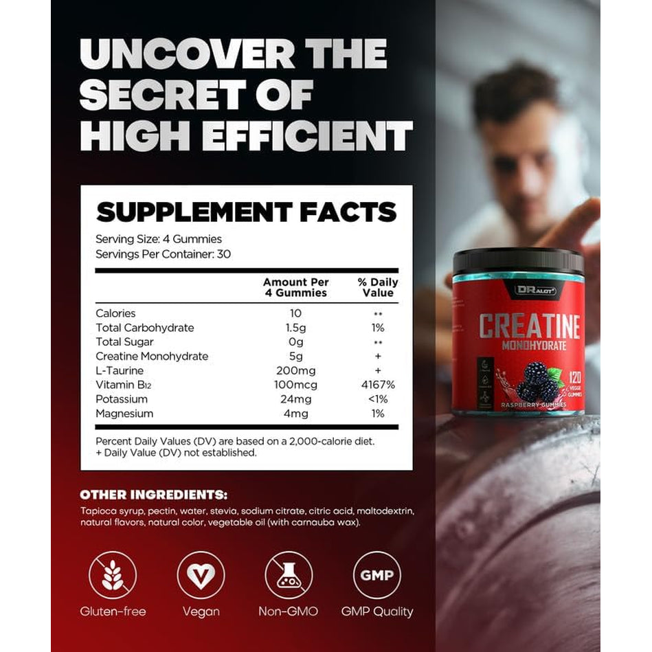 Dralot 99.99% Creatine Monohydrate Gummies More 15% Strength, 5X Energy & Muscle Support Pre-Workout Complex Creatine for Women & Men with 5000Mg Creatine, L-Taurine, B12, Mg and K, Vegan