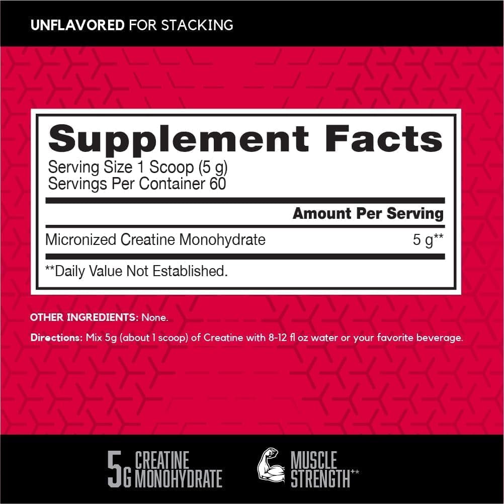 BSN Micronized Creatine Monohydrate Powder, Unflavored Creatine Powder, Micronized, Supports Muscle Building, Supports Muscle Strength, Gym Supplement, 5G per Serving, 5000Mg per Servings, 60 Servings