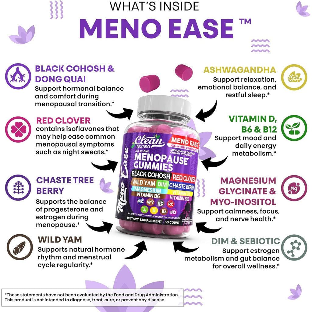 Menopause Supplement for Women Gummies with Black Cohosh, Wild Yam, DIM, Magnesium, Red Clover Chasteberry for Hormone Balance Relief Night Sweats Mood plus Bergamot, Vitamin D3, Vitamin B6 B12