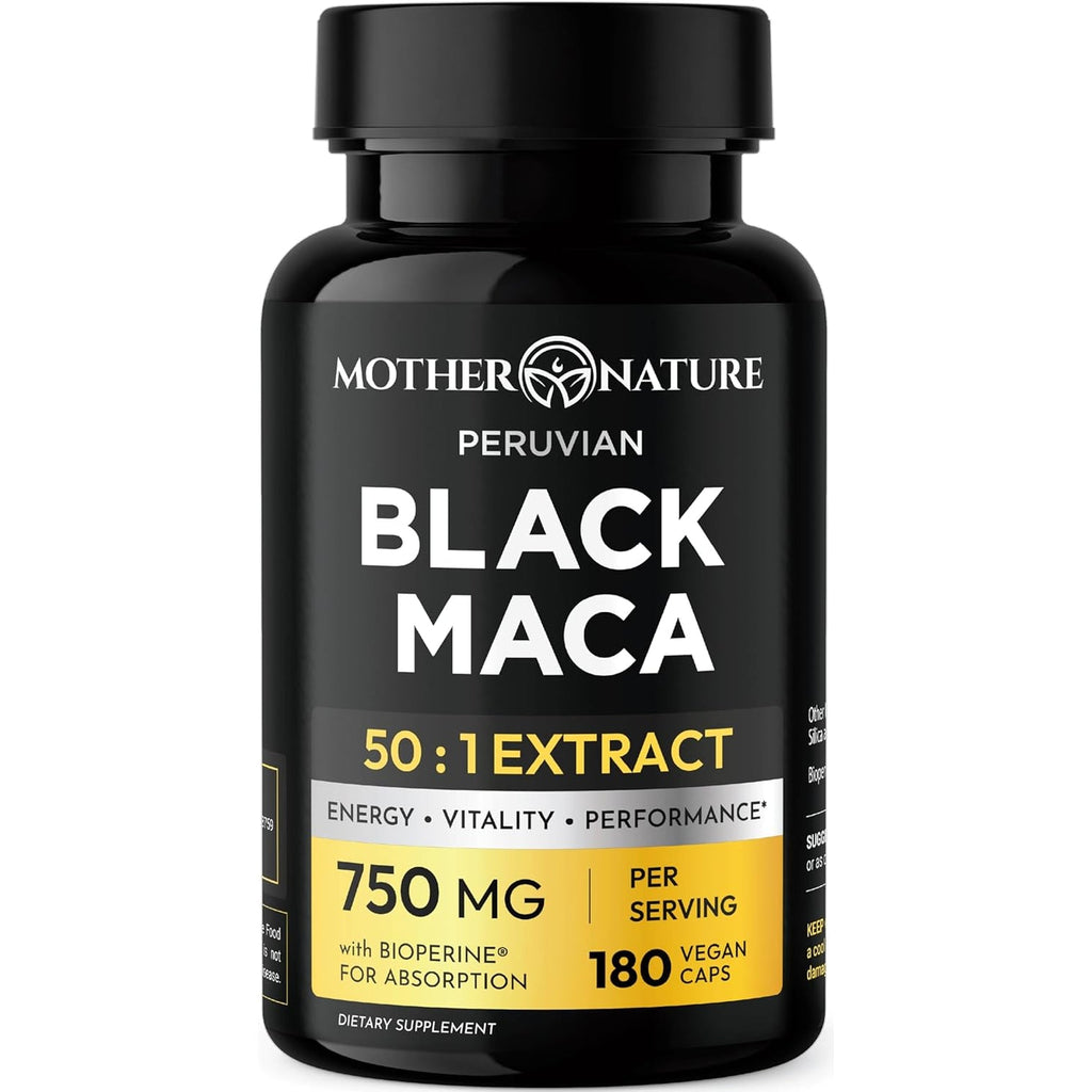 Black Maca Root 50:1 750Mg – 180 Capsules Organic Peruvian Maca Peruana Supplement for Men | High Potency Energy, Mood & Performance Support | Vegan, Non-Gmo