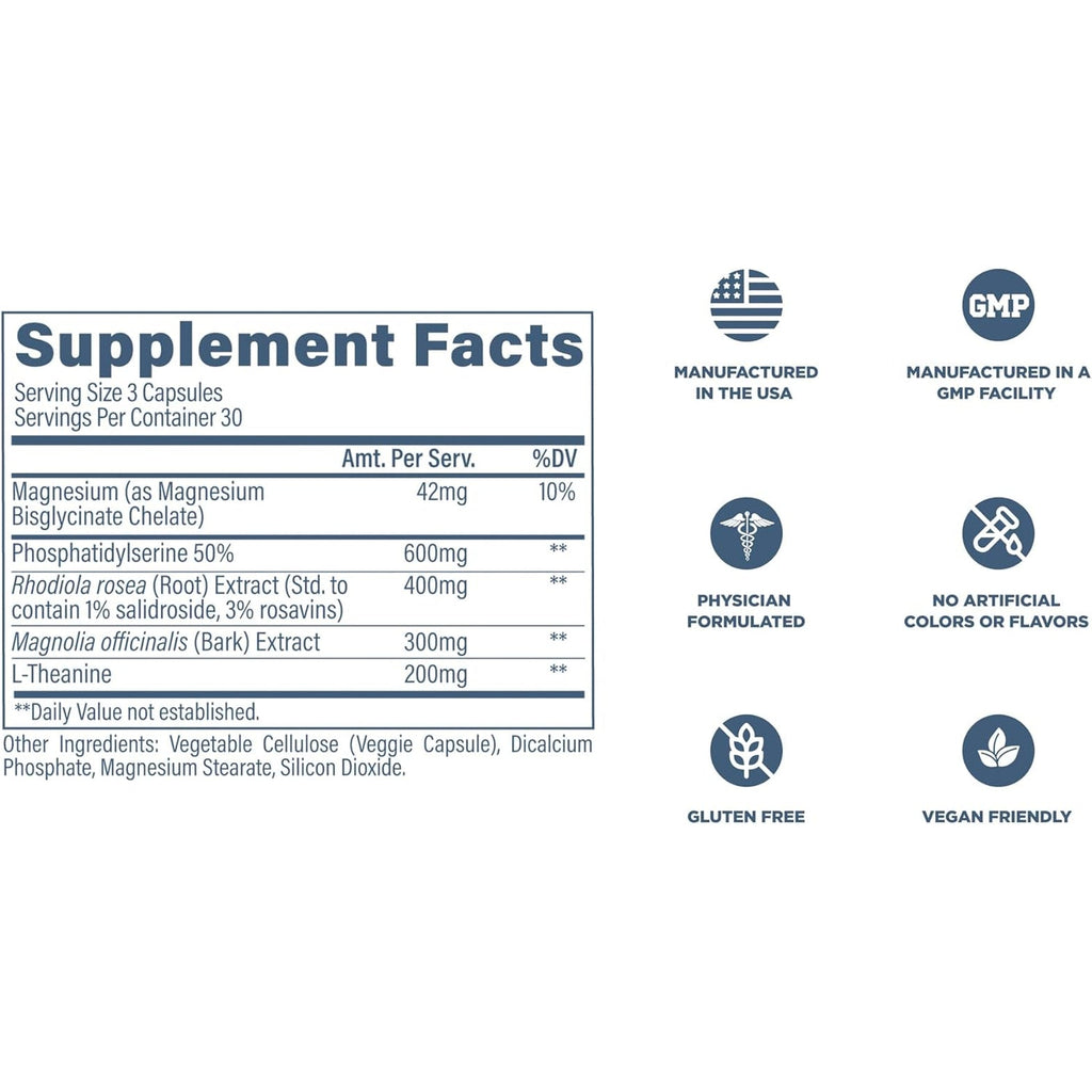 Revive MD Cortisol Manager, 90 Vegetarian Capsules - Cortisol Supplement W/Magnesium & L-Theanine Support Health, Focus, Energy, Fatigue, & Adrenal Gland Function - Vegan & Gluten-Free (30 Servings)