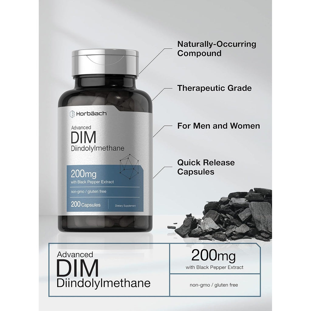 Horbäach DIM Supplement 200Mg | 200 Capsules | with Black Pepper Extract | Advanced Diindolylmethane for Women and Men | Non-Gmo, Gluten Free