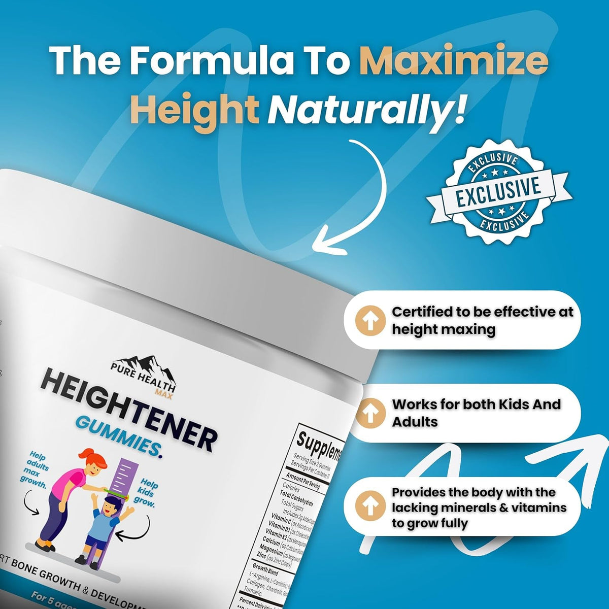 Heightener Gummies - Natural Height Growth Supplement for Kids, Teens and Adults to Increase Bone Strength and Grow Tall | Height Maximizer Pills with L-Arginine, Calcium & Zinc | 60 Gummy