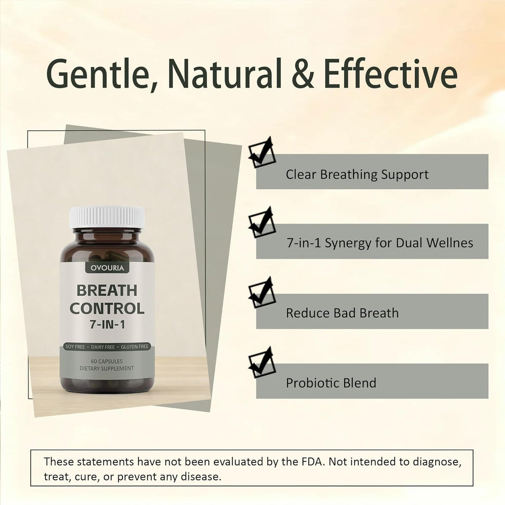 Ovouria Breath & Gut Balance Capsules - 7-In-1 Formula with Probiotics, Zinc Gluconate & Magnesium Citrate for Fresh Breath, Chronic Halitosis Relief & Digestive Wellness, 60 Count(1Pc)