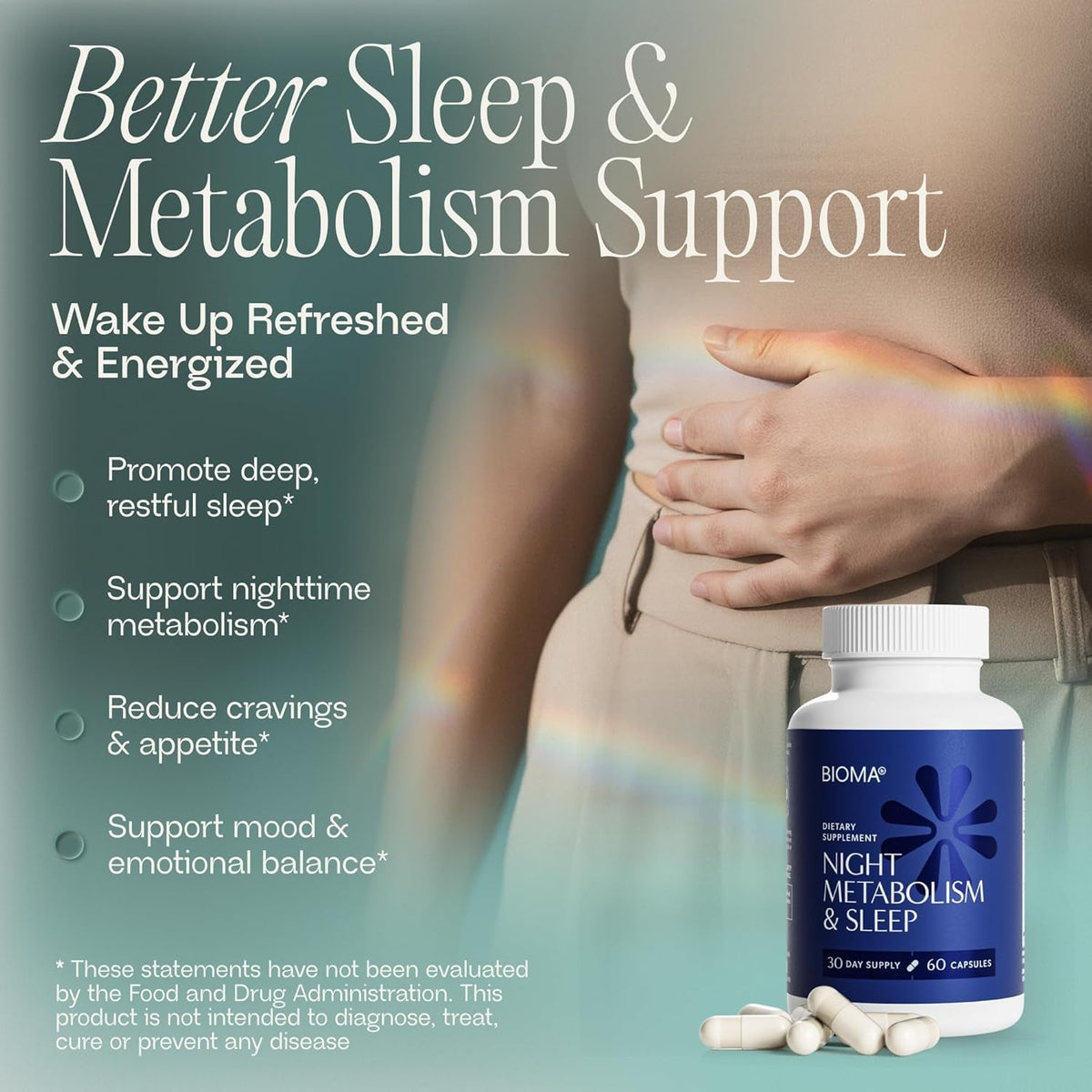 BIOMA Night Metabolism & Sleep - Supports Digestion, Energy Metabolism & Restful Sleep with Melatonin, Vitamin D, Magnesium & More - 60 Capsules (30-Day Supply)