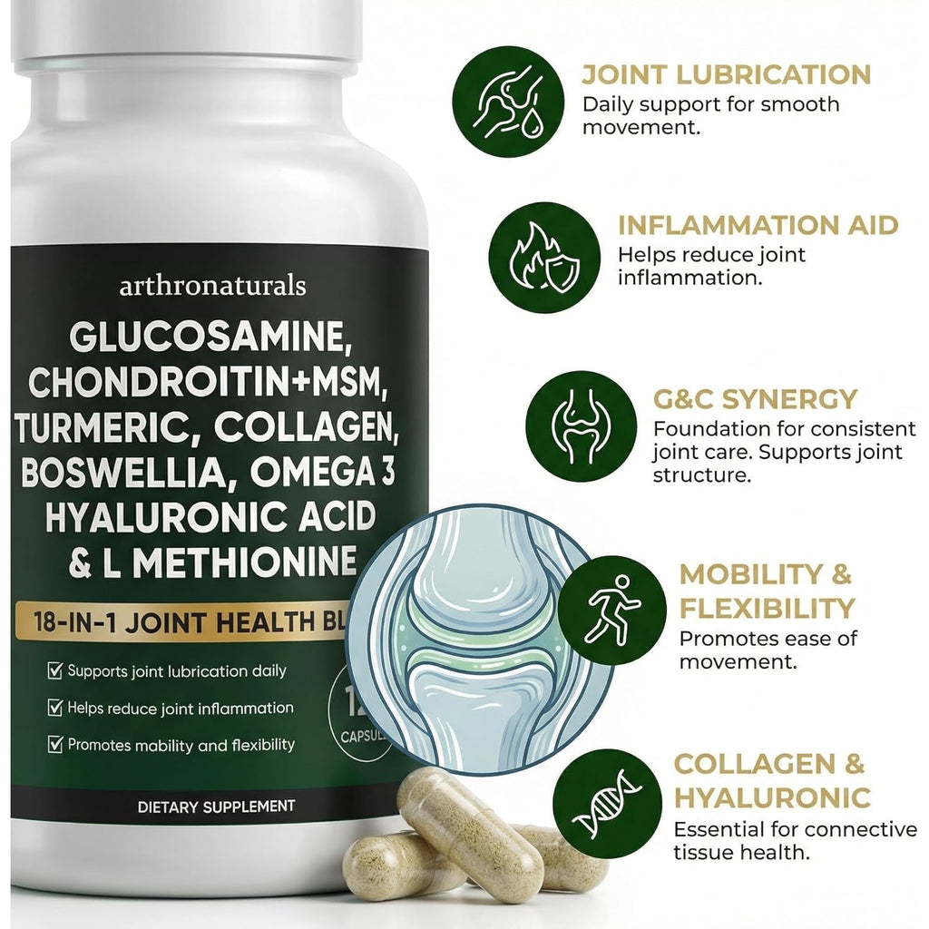 Arthronaturals 18 in 1, Joint Supplement with Glucosamine, Chondroitin, MSM, Hyaluronic Acid, Omega-3 and More, for Provides Joint Support, Improves Mobility & Long Term Health, Vegan - 60 CPS (1)