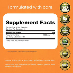 Naturalife Labs Acetyl L-Carnitine (ALCAR) 1500 Mg per Serving – 100 Capsules – Non-Gmo, Gluten-Free, Vegan
