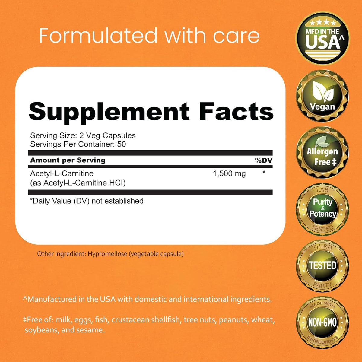 Naturalife Labs Acetyl L-Carnitine (ALCAR) 1500 Mg per Serving – 100 Capsules – Non-Gmo, Gluten-Free, Vegan