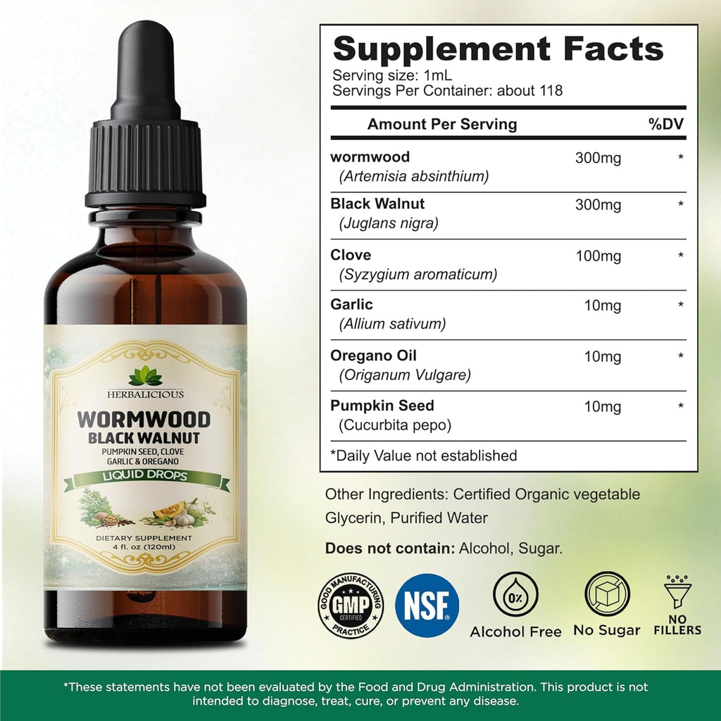HEBRALICIOUS Wormwood Black Walnut Clove Parasite Cleanse – Herbal Liquid Drops with Pumpkin Seed, Garlic & Oregano Oil – Alcohol-Free Tincture Supplement, 4 Fl Oz (120 Ml)