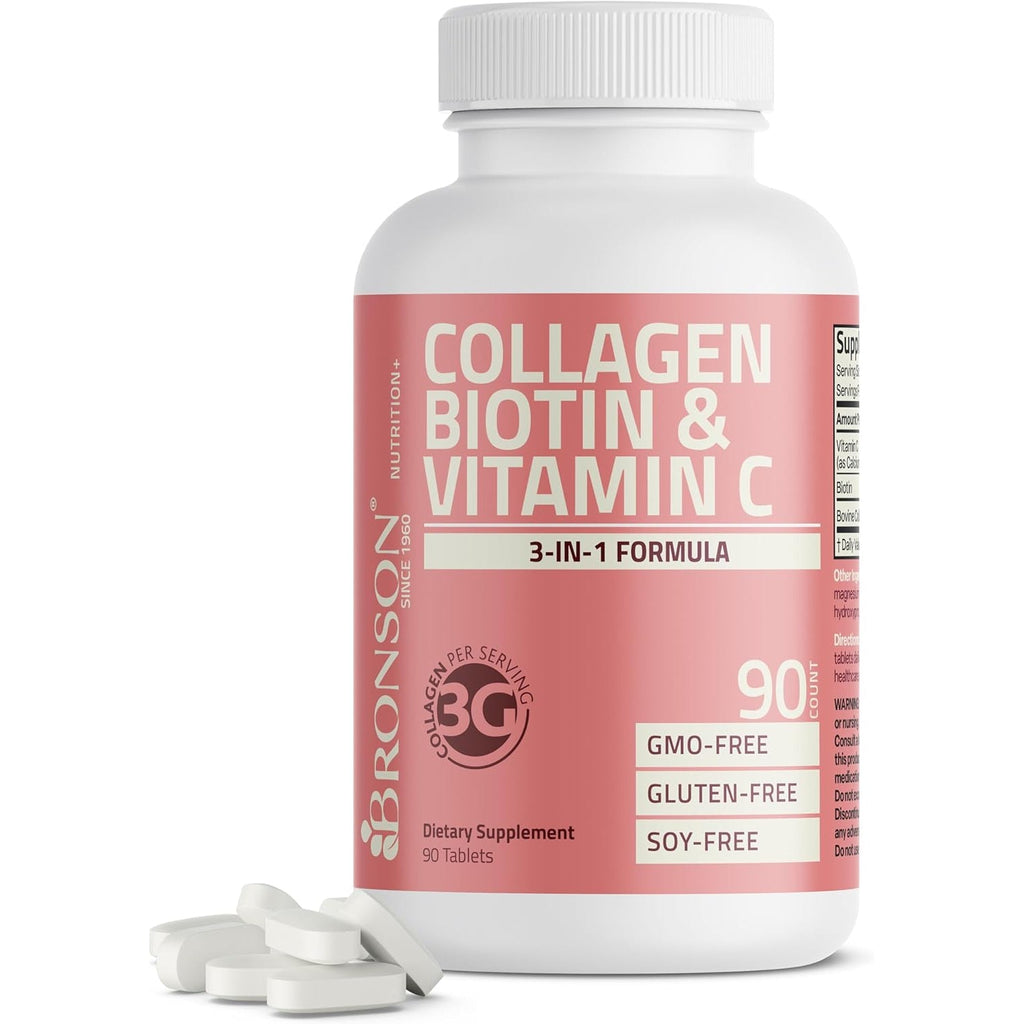 Bronson Collagen Peptides 3000Mg (Per Serving) with Biotin & Vitamin C - for Hair, Skin & Nails Support, Non-Gmo, 90 Tablets