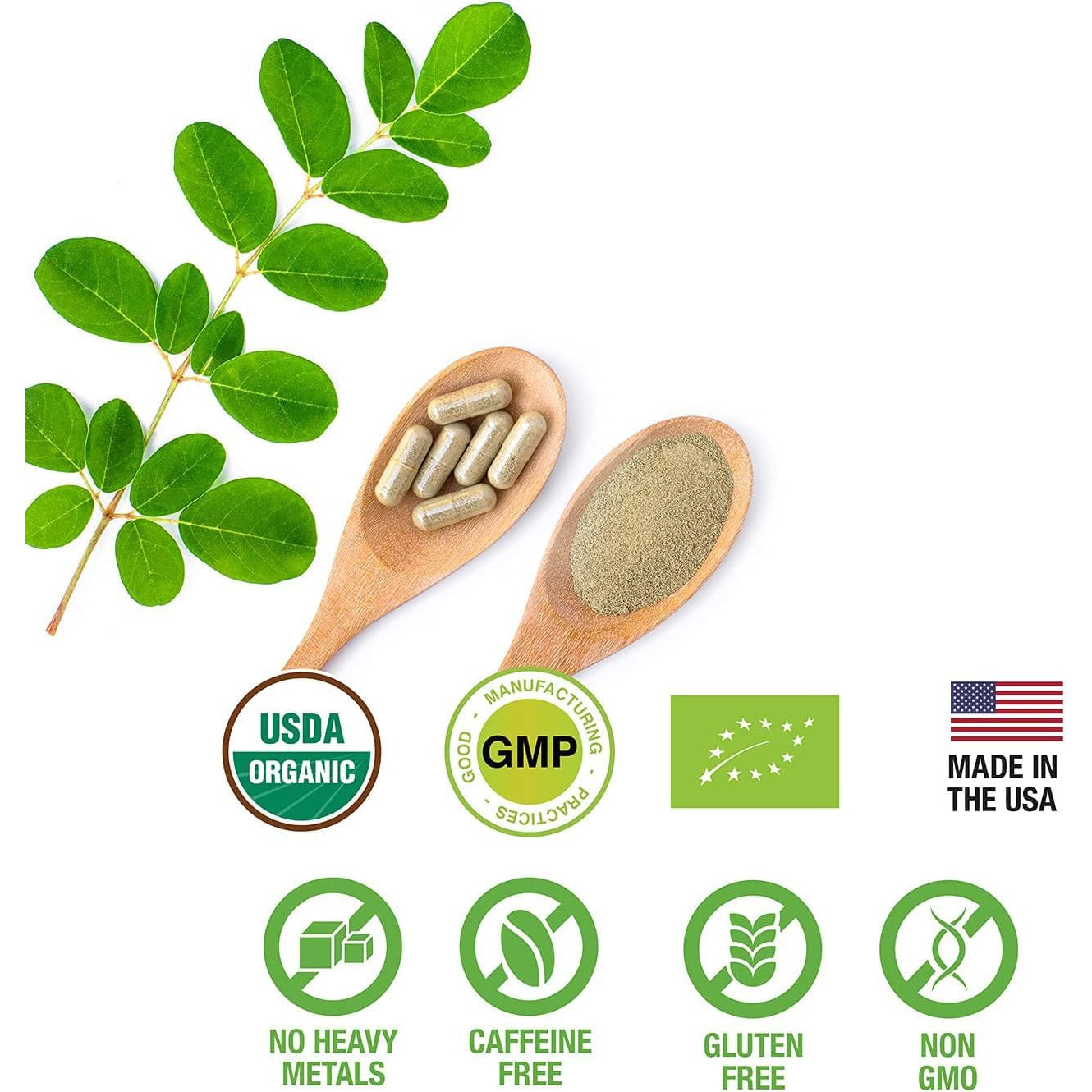 SUPREME HERBALS, 100% Raw and Pure Moringa Leaf Powder Capsules. Organic Certified Moringa Leaf. Natural Superfood with Essential Amino Acids, Antioxidants and Omega 3, 500Mg, 120 Capsules.