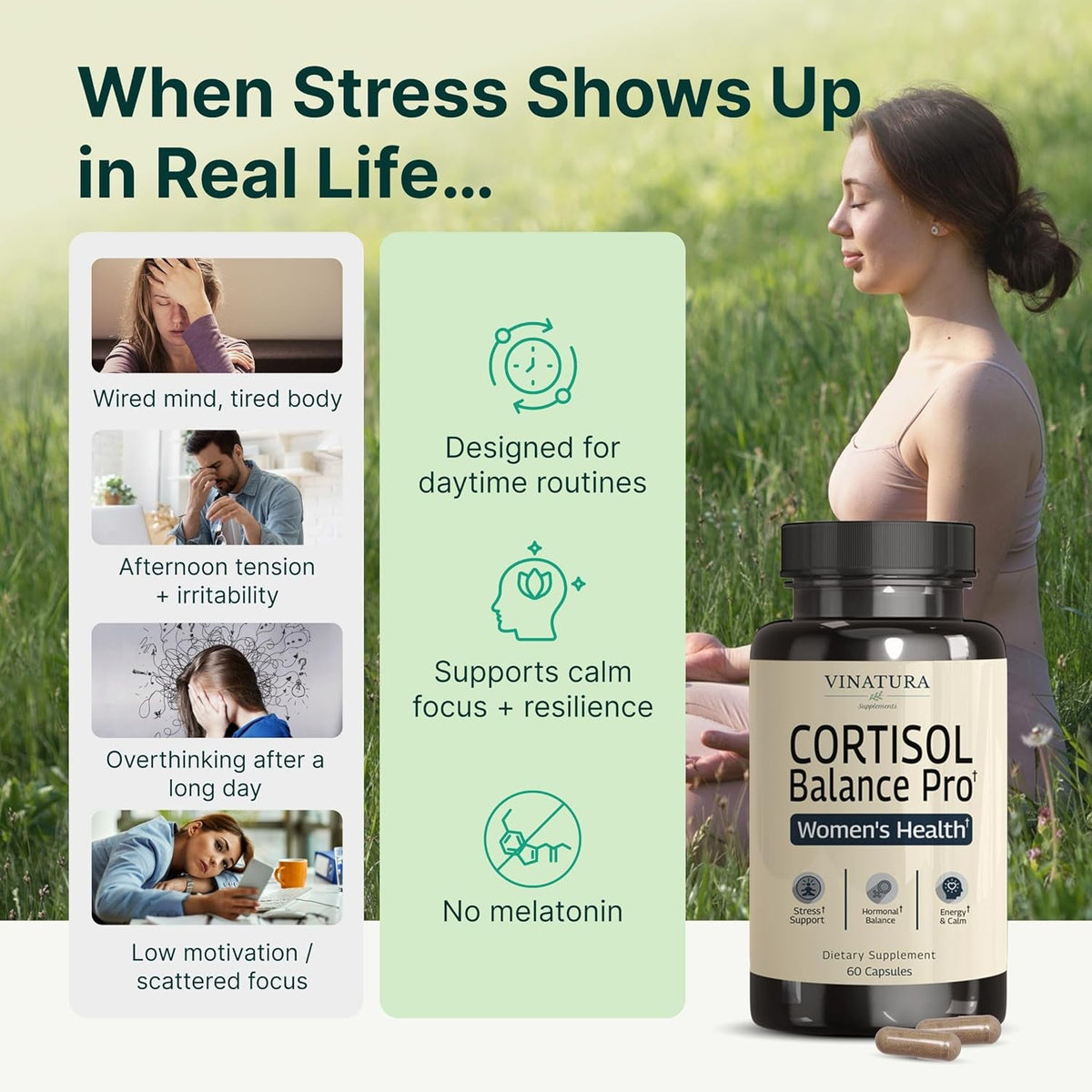 VINATURA Cortisol Supplements for Women - Cortisol Detox and Management - Adrenal Support, Stress Support, 60 Vegan Capsules