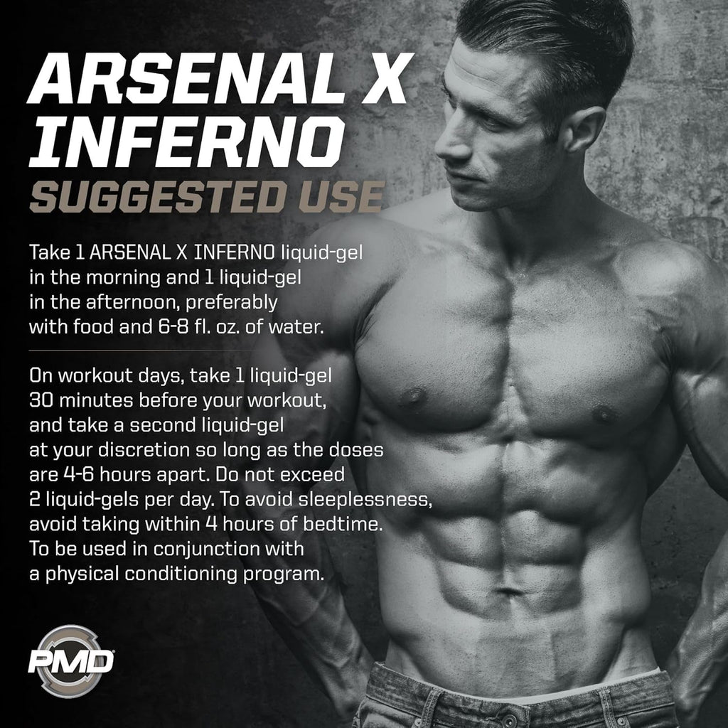 PMD Sports Arsenal X Inferno Superior Fast-Acting Liquid Gel Thermogenic Dietary Supplement - Fat Burner and Muscle Maintenance - Increase Metabolism and Energy Booster - 120 Liquid Gels