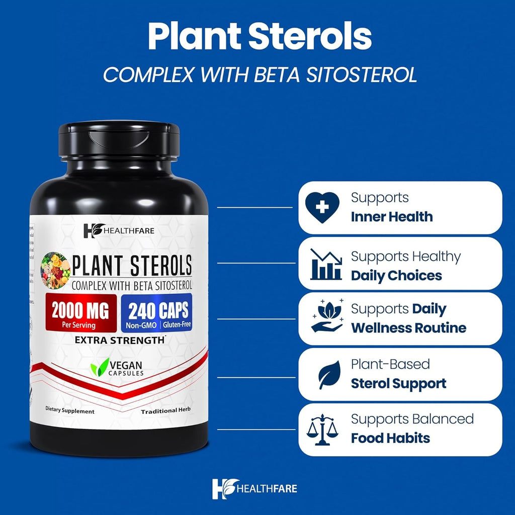 Healthfare Plant Sterols Capsules 2000Mg | 240 Vegan Capsules | Beta Sitosterol & Phytosterol Complex | Plant-Based Supplement | Non-Gmo & Gluten-Free | Made in the USA