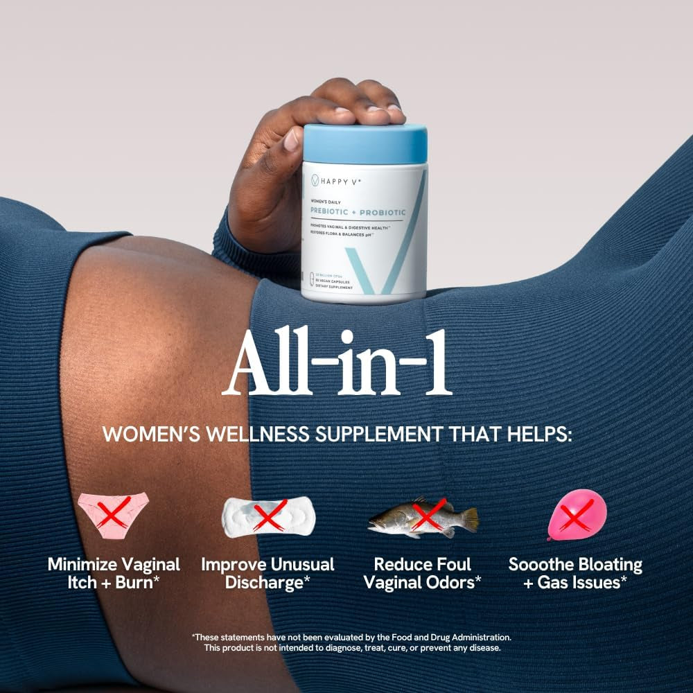 Happy V Dr. Formulated Vaginal Probiotics for Women Odor & Itch Support, Urinary & Gut Health, Ph Balance | Womens Daily Probiotic with Patented Prebiotics & Lactobacillus for Feminine Wellness