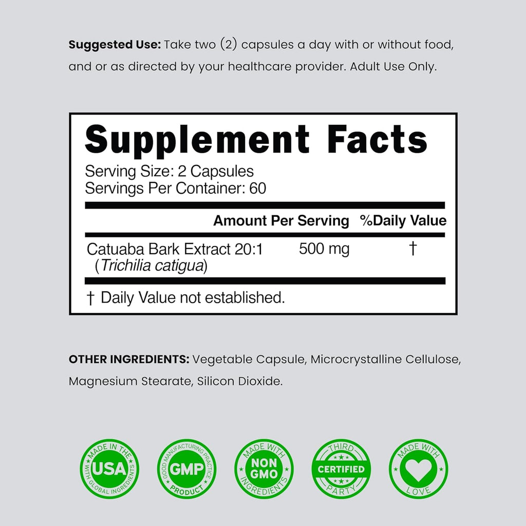 Catuaba Bark Extract 10,000Mg per Serving (120 Capsules) (Erythroxylum Catuaba) 3Rd Party Tested - Drive & Stamina - Made in the USA - Gluten Free & Non-Gmo - Vegan - for Men & Women - (120 Capsules)