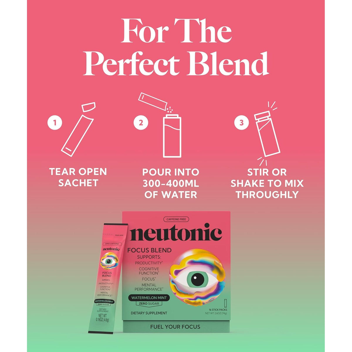 Neutonic Nootropic Focus Blend Powder | Watermelon Mint 16 Sticks | Caffeine Free, Zero Sugar | Support Memory, Mental Clarity, Cognitive Function | Boost Focus, Energy, Brain Health
