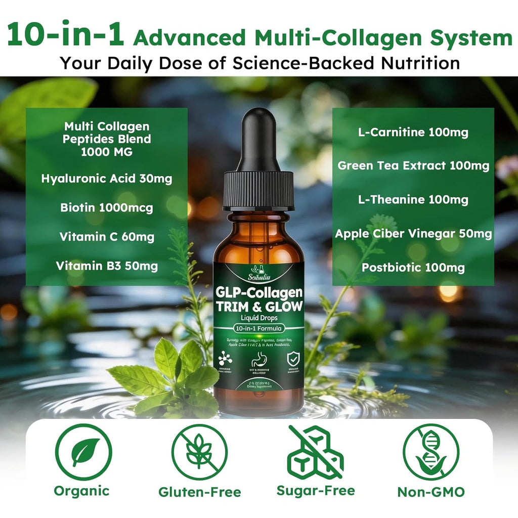 Liquid Collagen for Women GLP 10-In-1 Formula Multi Collagen Burn Drops Trim & Glow Hyaluronic Acid Biotin Green Tea L-Carnitine & ACV for Hair Growth Metabolism Skin Gut & Digestive Health