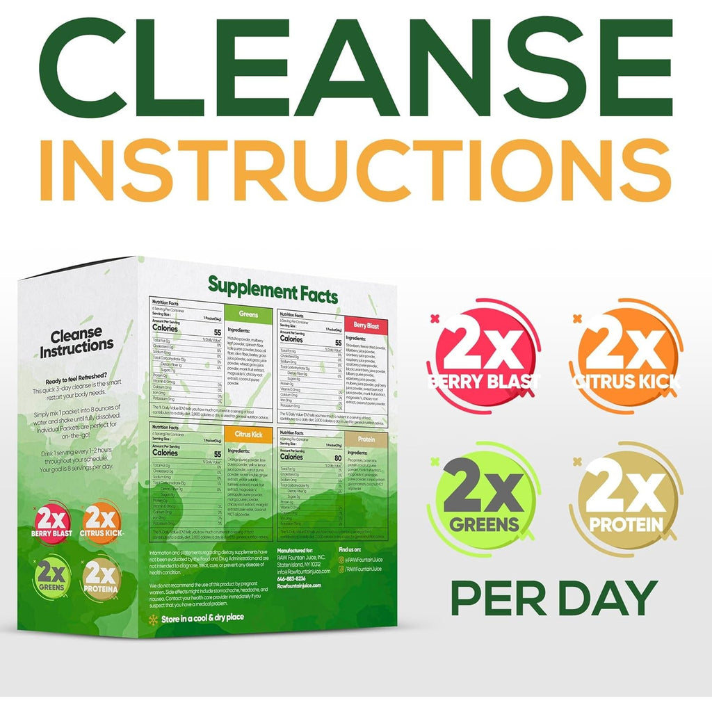 Raw Fountain 3 Day Juice Cleanse Detox, 24 Powder Packets, Travel and Vegan Friendly, 4 All Natural Flavors, Includes Protein (3 Day)