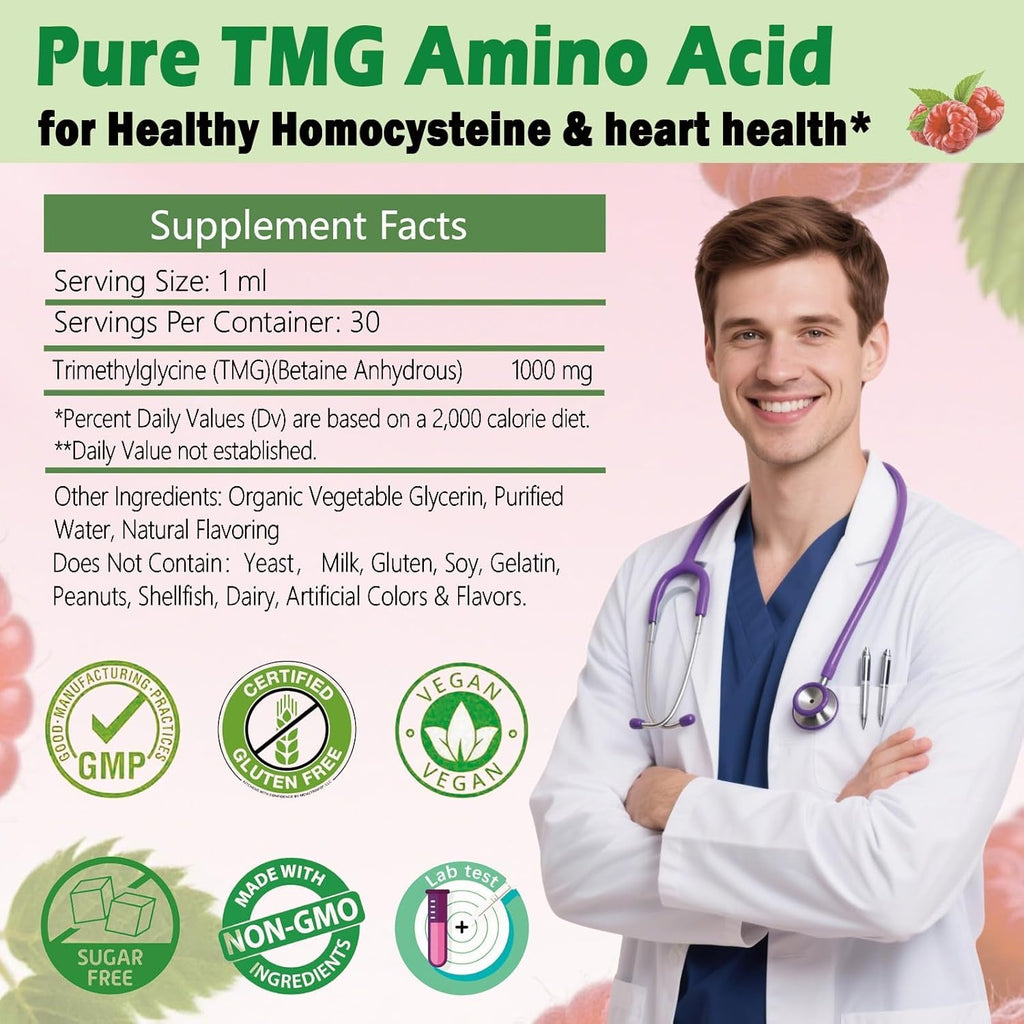 TMG Supplements 1000Mg Liquid, Extra Strength Pure TMG Betaine (Trimethylglycine) for Women Men, Support Homocysteine Balance Heart Brain & Liver Health, Vegan, Non-Gmo, Raspberry Flavor, 30 Servings