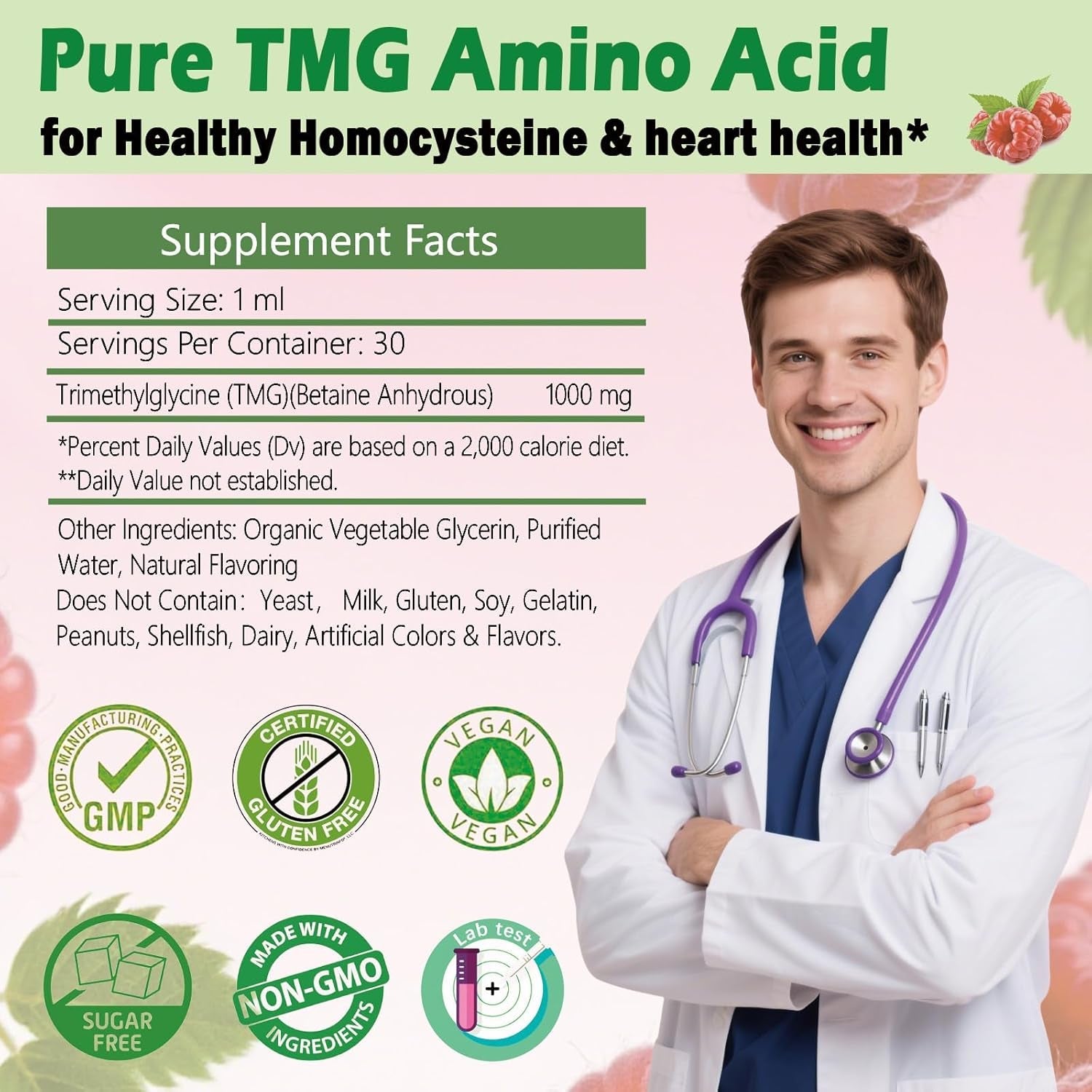 TMG Supplements 1000Mg Liquid, Extra Strength Pure TMG Betaine (Trimethylglycine) for Women Men, Support Homocysteine Balance Heart Brain & Liver Health, Vegan, Non-Gmo, Raspberry Flavor, 30 Servings