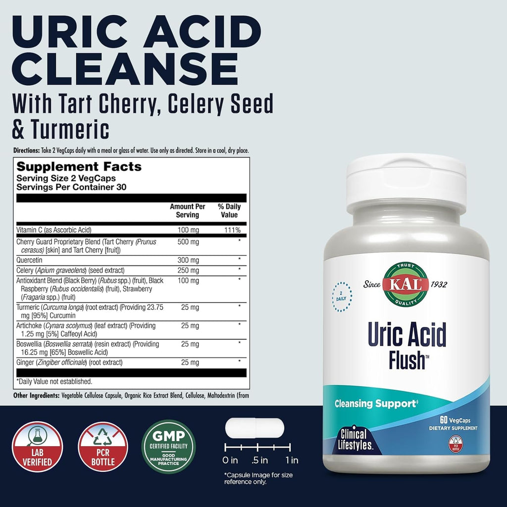 KAL Uric Acid Flush, Joint Health Supplement with Tart Cherry Extract, Celery Seed and Turmeric Extract, Joint Comfort and Mobility Support, Lab Verified, 60-Day Guarantee, 30 Servings, 60 Vegcaps