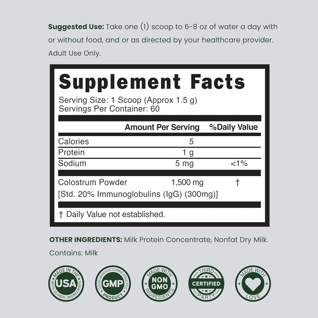 Colostrum Supplement Powder 90G (60 Servings of 1.5G Pure Bovine Colostrum Std. to Contain 20% Igg Immunoglobulins) Grass Fed Powder - No Fillers, Third Party Tested, Unflavored & Non-Gmo