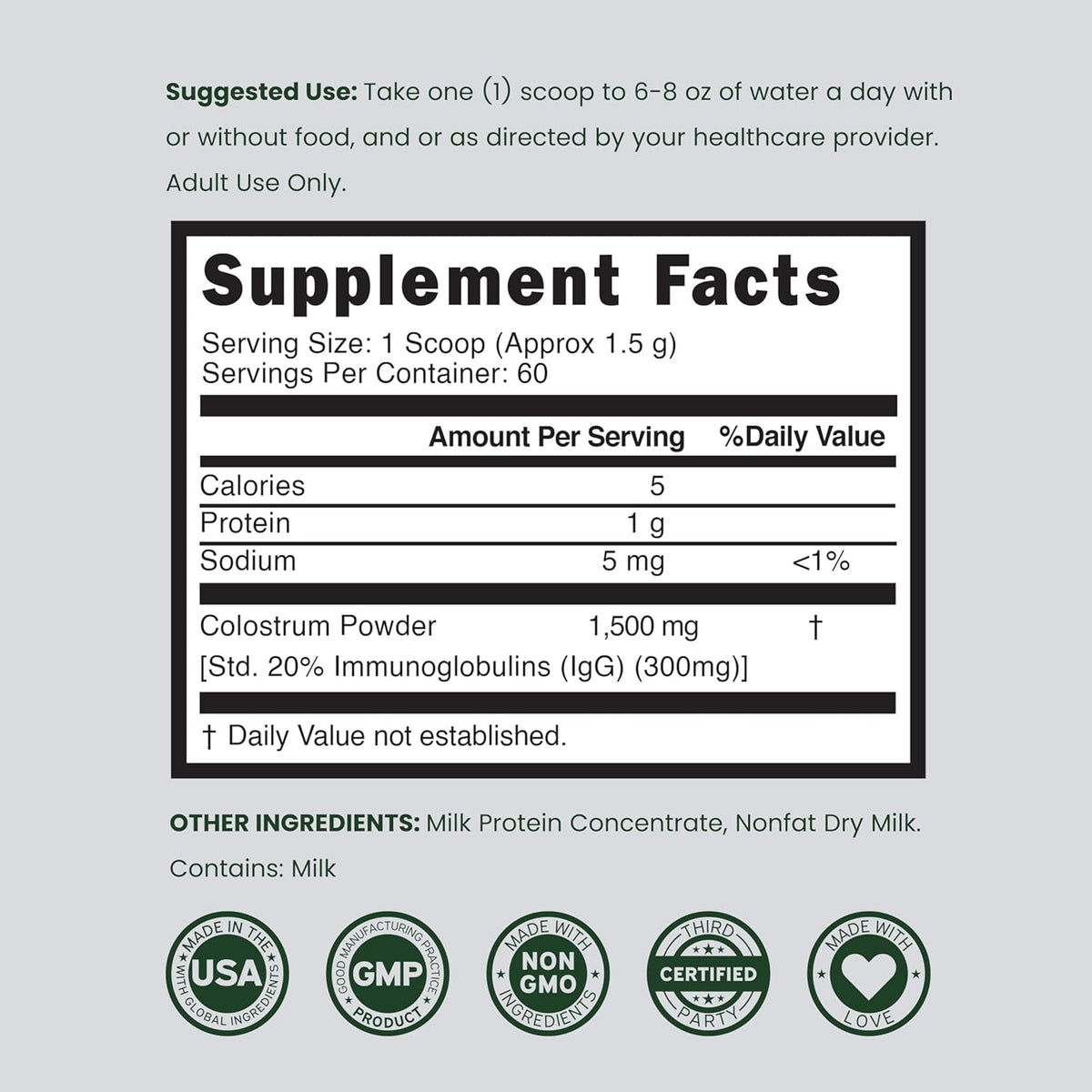 Colostrum Supplement Powder 90G (60 Servings of 1.5G Pure Bovine Colostrum Std. to Contain 20% Igg Immunoglobulins) Grass Fed Powder - No Fillers, Third Party Tested, Unflavored & Non-Gmo
