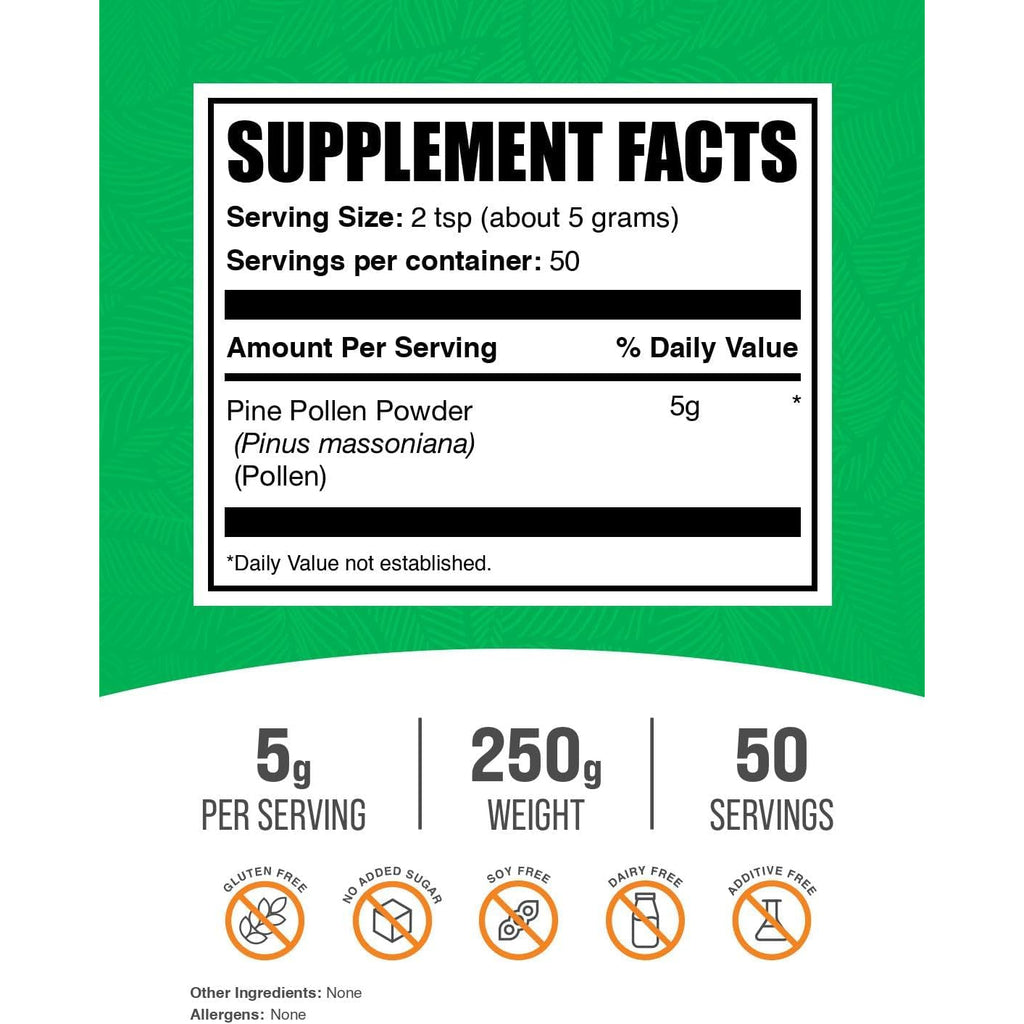 Bulksupplements.Com Pine Pollen Powder - Broken Cell Wall, Pine Pollen Supplement, Herbal Supplement - Gluten Free, 5G per Serving, 250G (8.8 Oz) (Pack of 1)
