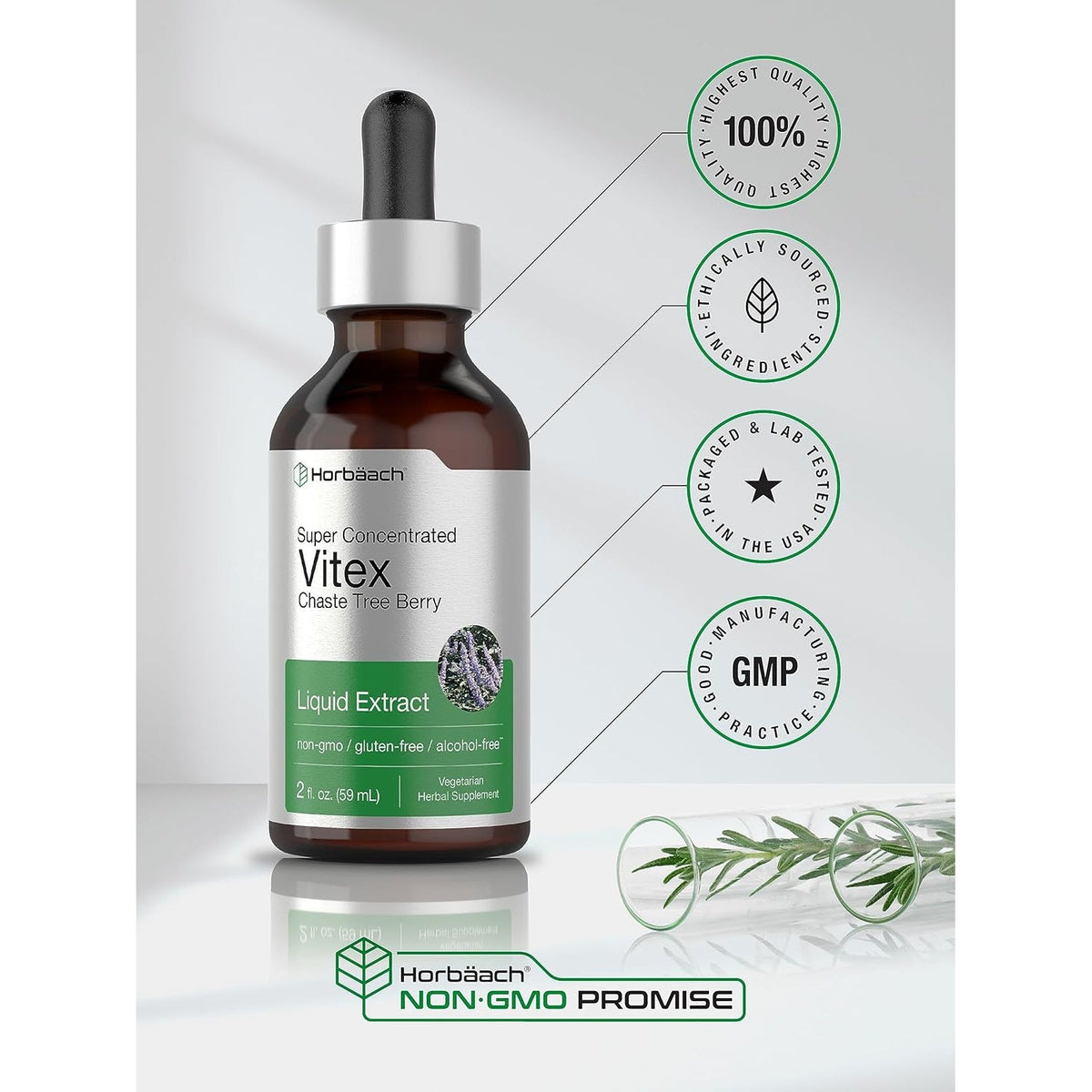 Horbäach Vitex Berry Chasteberry Extract Tincture | 2 Fl Oz | Super Concentrated Liquid | Alcohol Free Chaste Tree Berry Supplement | Vegetarian, Non-Gmo, Gluten Free