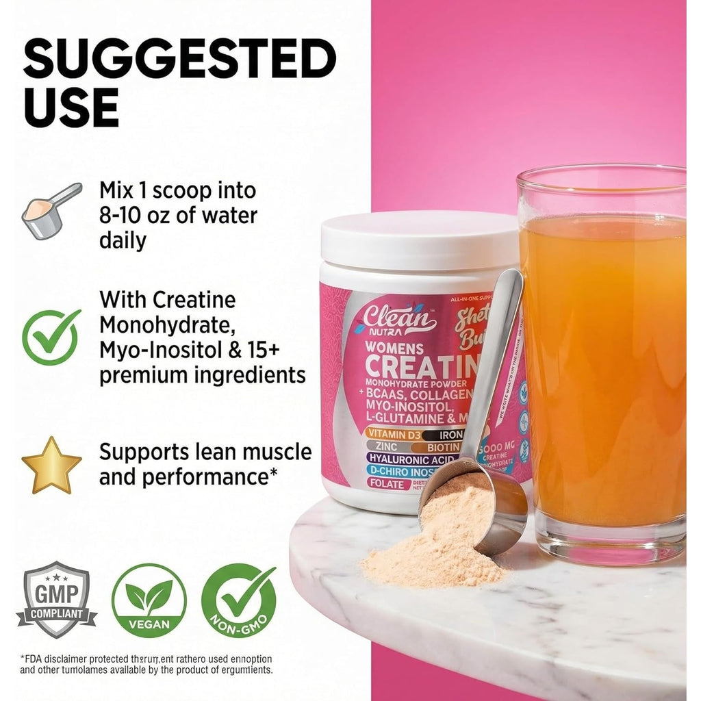 Creatine for Women | Creatine Monohydrate + BCAA Powder Myo-Inositol Collagen Biotin Hyaluronic Acid Folate L Glutamine Vitamin D3 Iron Zinc D-Chiro-Maca Digestion Shelf Builder by Clean Nutra